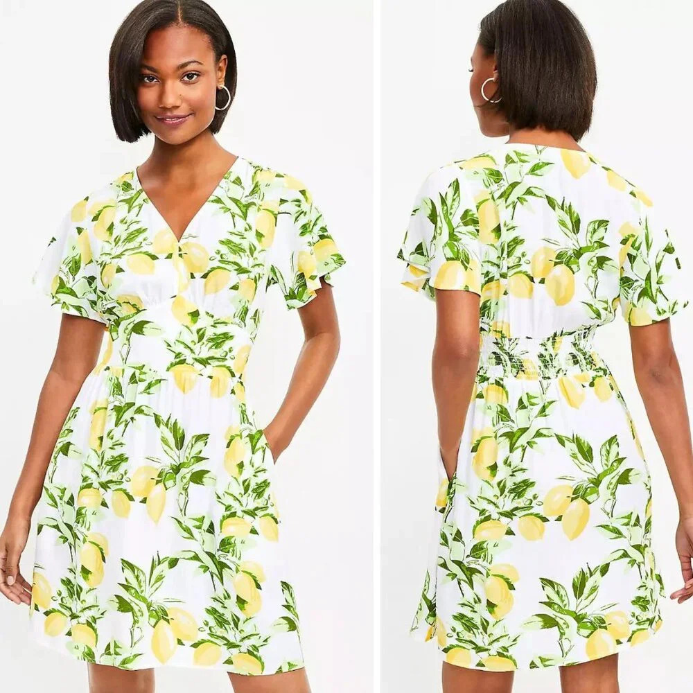 Loft Yellow and Green Lemon Flutter V-Neck Pocket Dress 22475